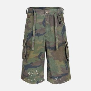 Concert Outfit Washed Destroyed Camouflage Drawstring Cargo Shorts