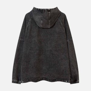 Concert Outfit Washed Distressed Denim Zip-Up Hoodie
