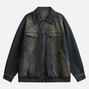 Concert Outfit Washed Distressed Multi-Pocket Denim Jacket