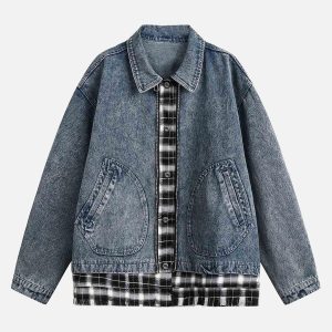 Concert Outfit Washed Distressed Patchwork Faux Two-Piece Denim Jacket