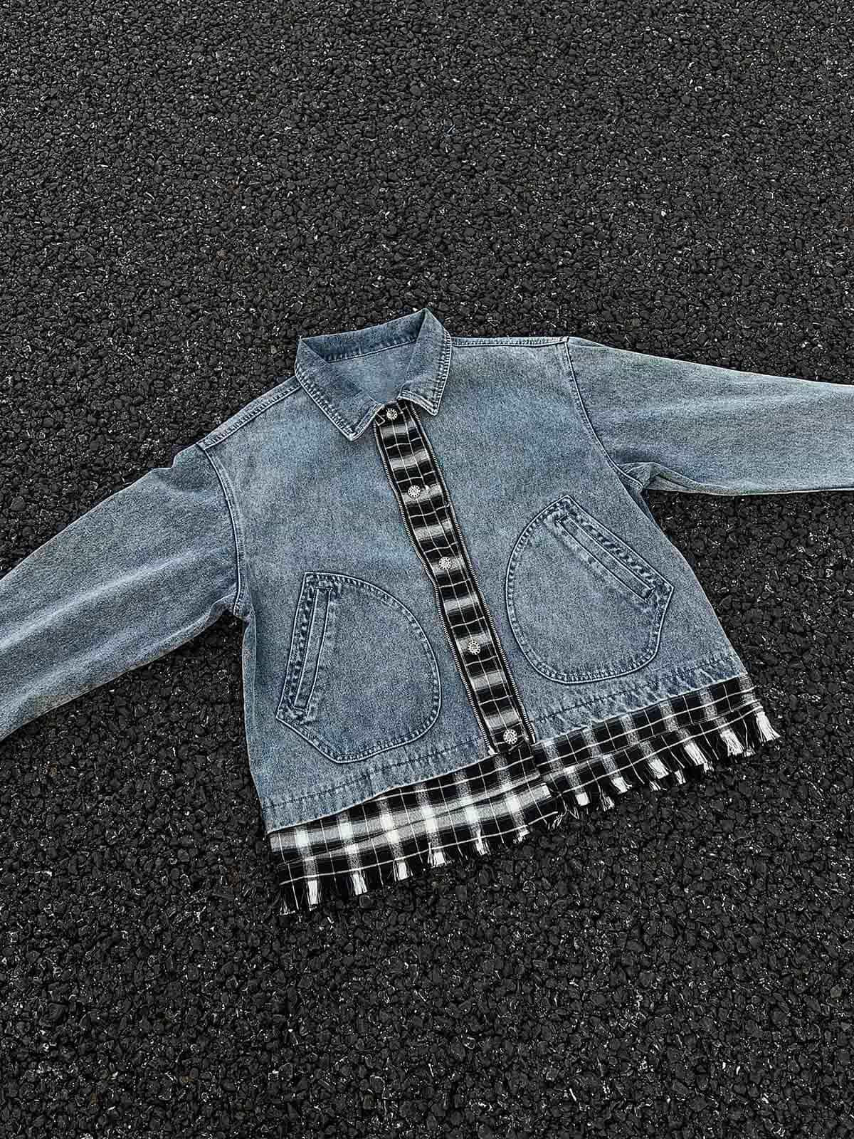 Concert Outfit Washed Distressed Patchwork Faux Two-Piece Denim Jacket Concert Outfit Washed Distressed Patchwork Faux Two-Piece Denim Jacket