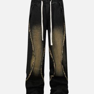 Concert Outfit Washed Distressed Raw Edge Drawstring Jeans