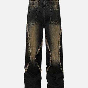 Concert Outfit Washed Distressed Raw Edge Drawstring Jeans