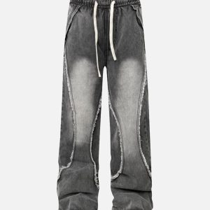 Concert Outfit Washed Distressed Raw Edge Drawstring Jeans