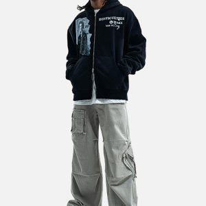 Concert Outfit Washed Distressed Retro Portrait Print Double Zipper Hoodie