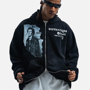 Concert Outfit Washed Distressed Retro Portrait Print Double Zipper Hoodie