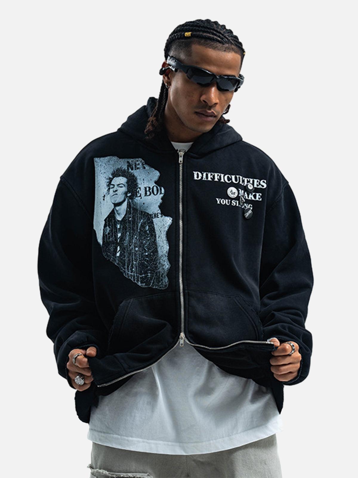 Concert Outfit Washed Distressed Retro Portrait Print Double Zipper Hoodie Concert Outfit Washed Distressed Retro Portrait Print Double Zipper Hoodie