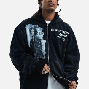 Concert Outfit Washed Distressed Retro Portrait Print Double Zipper Hoodie