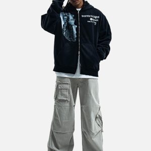 Concert Outfit Washed Distressed Retro Portrait Print Double Zipper Hoodie