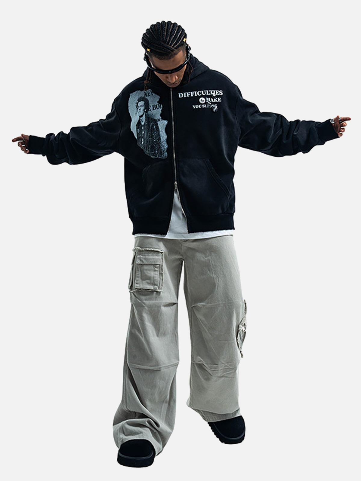 Concert Outfit Washed Distressed Retro Portrait Print Double Zipper Hoodie Concert Outfit Washed Distressed Retro Portrait Print Double Zipper Hoodie