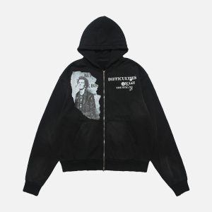 Concert Outfit Washed Distressed Retro Portrait Print Double Zipper Hoodie