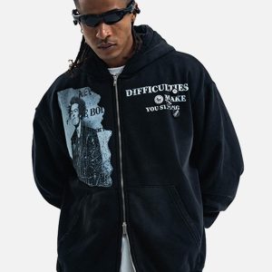 Concert Outfit Washed Distressed Retro Portrait Print Double Zipper Hoodie