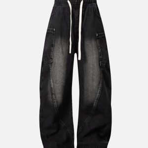 Concert Outfit Washed Distressed Split Drawstring Barrel Jeans