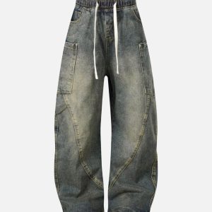 Concert Outfit Washed Distressed Split Drawstring Barrel Jeans
