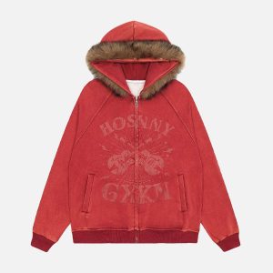 Concert Outfit Washed Fur Collar Zip Up Hoodie