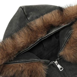Concert Outfit Washed Fur Collar Zip Up Hoodie