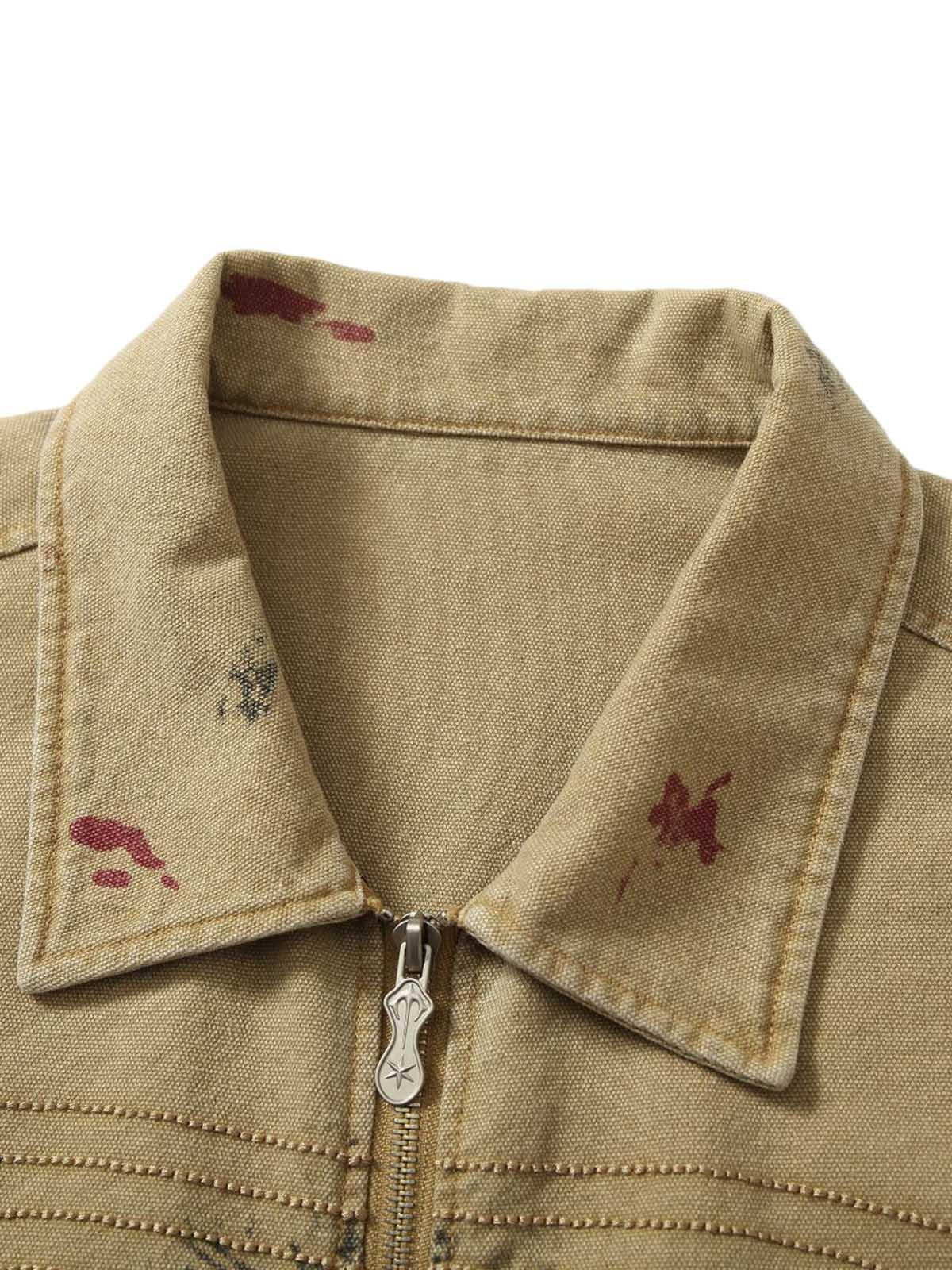 Concert Outfit Washed Graffiti Zip Up Workwear Jacket Concert Outfit Washed Graffiti Zip Up Workwear Jacket