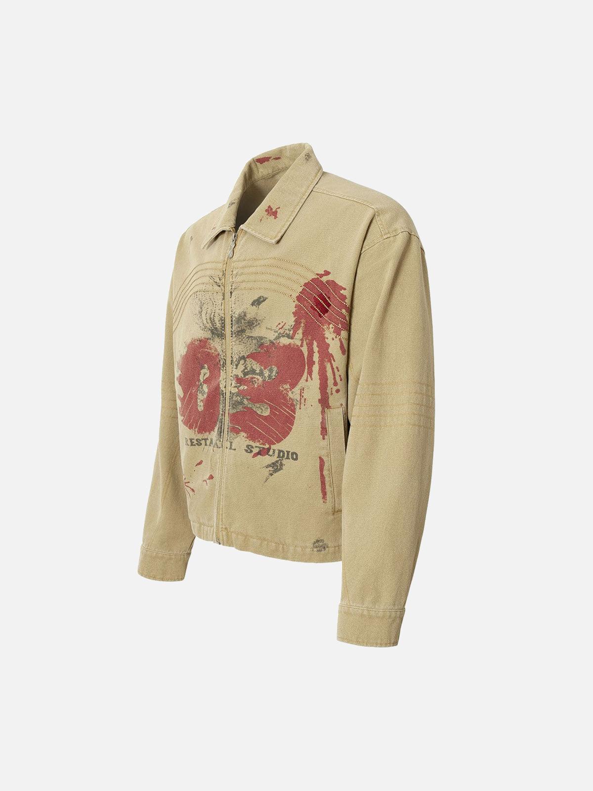 Concert Outfit Washed Graffiti Zip Up Workwear Jacket Concert Outfit Washed Graffiti Zip Up Workwear Jacket