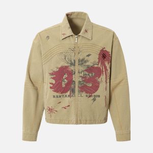 Concert Outfit Washed Graffiti Zip Up Workwear Jacket