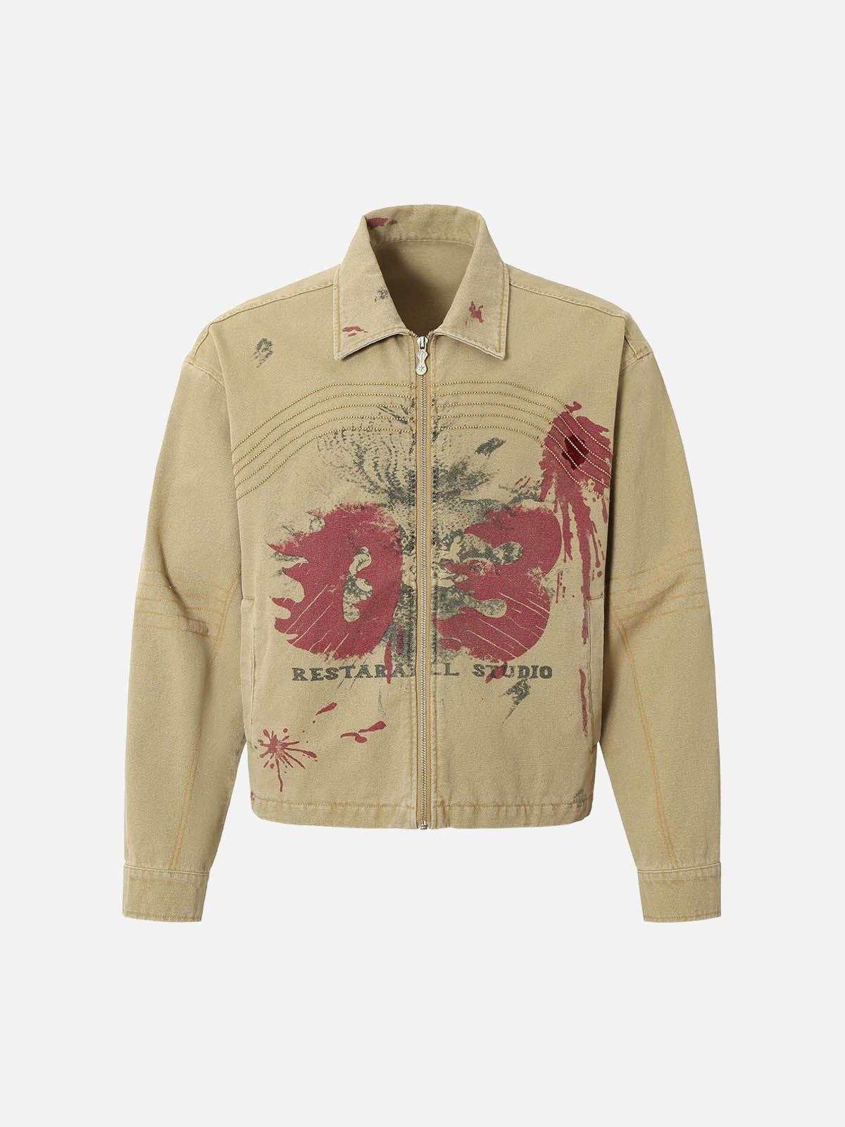 Concert Outfit Washed Graffiti Zip Up Workwear Jacket Concert Outfit Washed Graffiti Zip Up Workwear Jacket