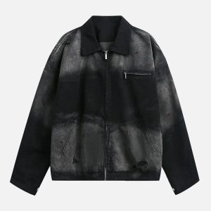 Concert Outfit Washed Ink Gradient Ripped Denim Jacket