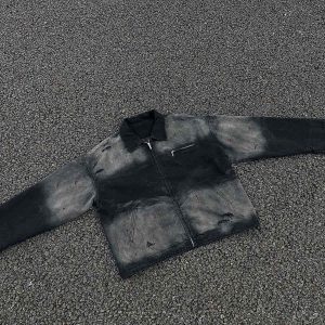 Concert Outfit Washed Ink Gradient Ripped Denim Jacket