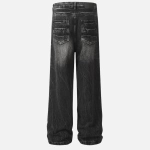 Concert Outfit Washed Lightning Print Loose Jeans