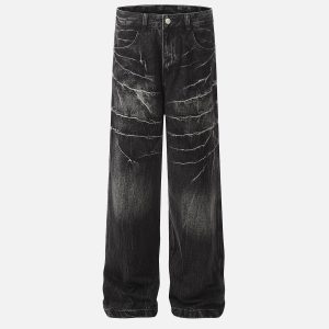 Concert Outfit Washed Lightning Print Loose Jeans