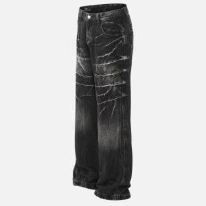 Concert Outfit Washed Lightning Print Loose Jeans