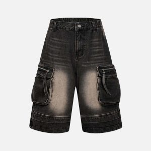 Concert Outfit Washed Multi-Pocket Denim Cargo Jorts