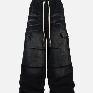 Concert Outfit Washed Multi Pocket Drawstring Cargo Jeans