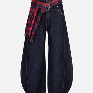 Concert Outfit Washed Plaid Belt Barrel Jeans