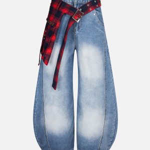 Concert Outfit Washed Plaid Belt Barrel Jeans