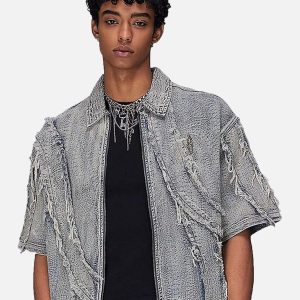 Concert Outfit Washed Raw Edge Denim Shirt