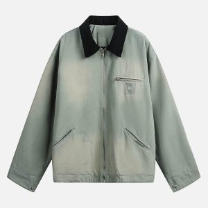 Concert Outfit Washed Ripped Gradient Zip Up Work Jacket
