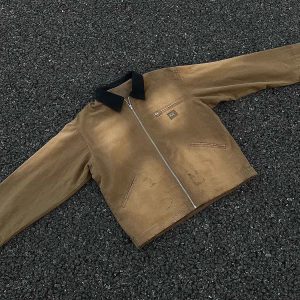 Concert Outfit Washed Ripped Gradient Zip Up Work Jacket