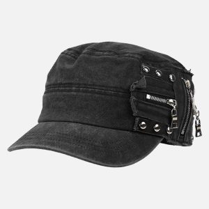 Concert Outfit Washed Rivet Zipper Flat Top Cap