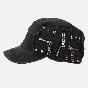 Concert Outfit Washed Rivet Zipper Flat Top Cap