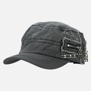 Concert Outfit Washed Rivet Zipper Flat Top Cap