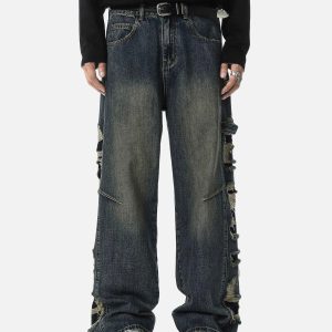 Concert Outfit Washed Side Ripped Straight Jeans