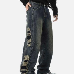 Concert Outfit Washed Side Ripped Straight Jeans