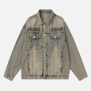 Concert Outfit Washed Vintage Letter Print Denim Jacket