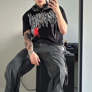 Concert Outfit Wasteland Punk Washed Wide Leg Jeans