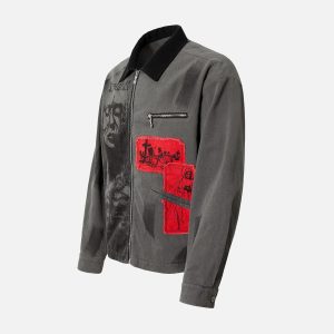 Concert Outfit Wasteland Style Portrait Print Patchwork Barn Jacket