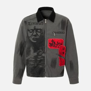 Concert Outfit Wasteland Style Portrait Print Patchwork Barn Jacket