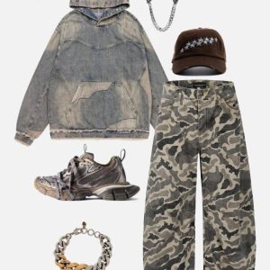 Concert Outfit Wrinkle Camouflage Loose Jeans