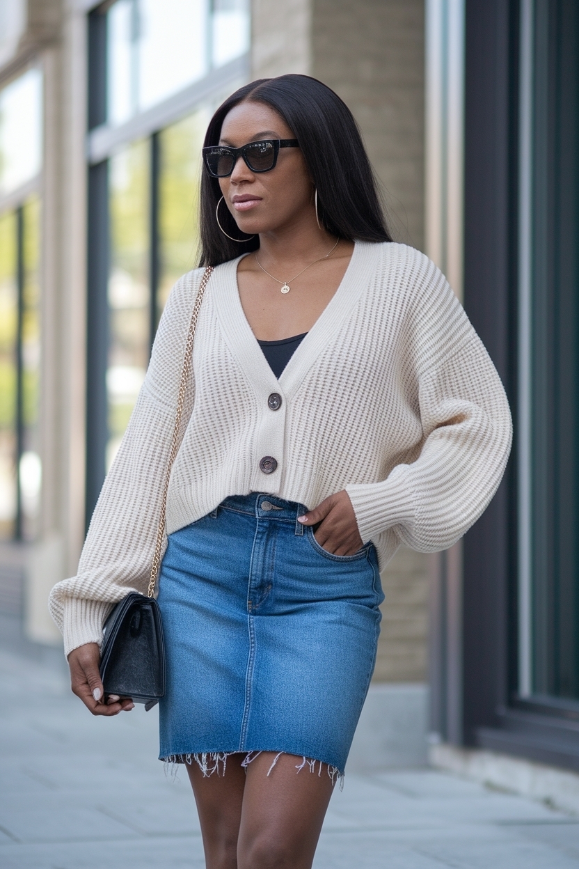 Cardigan and Jean Skirt Outfit Black Wom: Effortless Vibes outfit idea