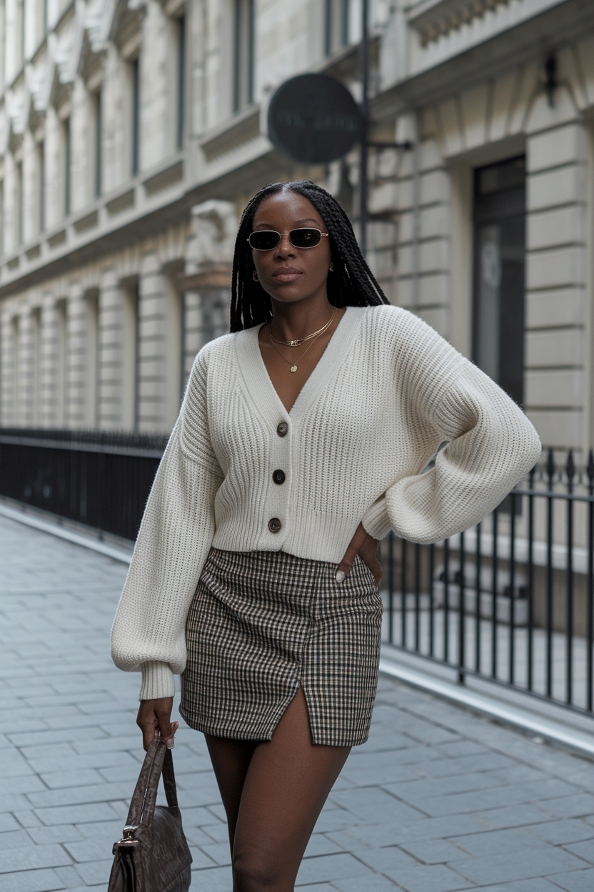 Cardigan and Mini Skirt Outfit Black Wom: Flirty and Fun outfit idea