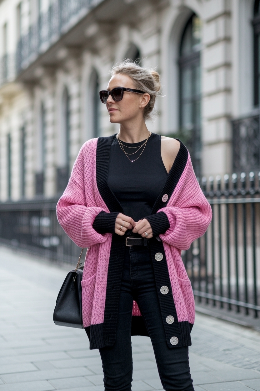 Cardigan Outfit Black Women Pink: A Pop of Color outfit idea