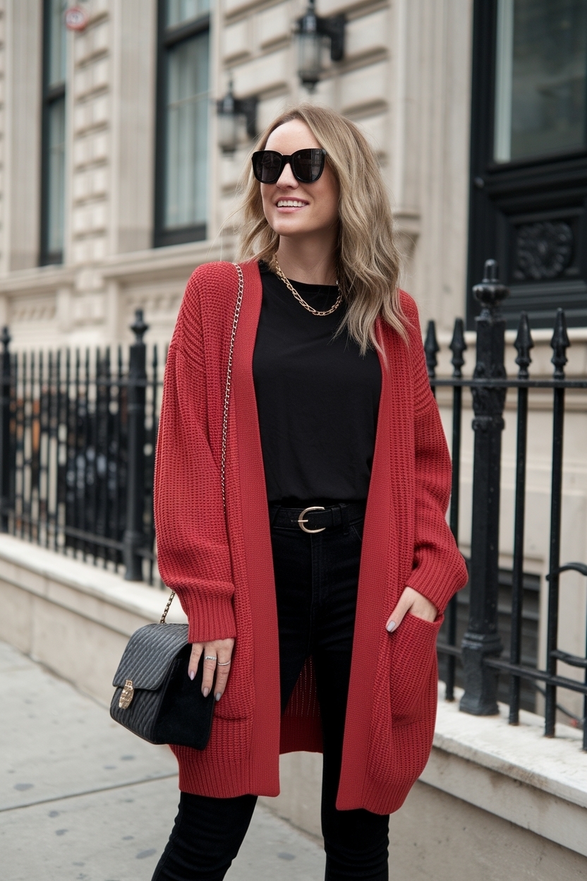 Cardigan Outfit Black Women Red: Bold Fashion Statements outfit idea